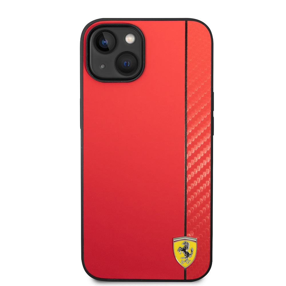 Apple iPhone 14 Kılıf Ferrari Orjinal Lisanslı M-safe Şarj Özellikli Pu Deri Ve Karbon Şeritli Dizayn Kapak Siyah