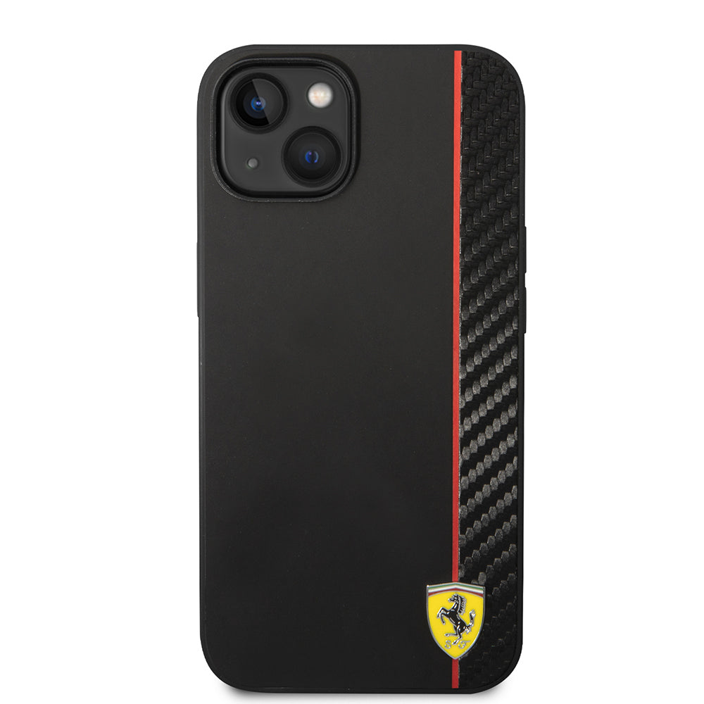 Apple iPhone 14 Kılıf Ferrari Orjinal Lisanslı M-safe Şarj Özellikli Pu Deri Ve Karbon Şeritli Dizayn Kapak Siyah
