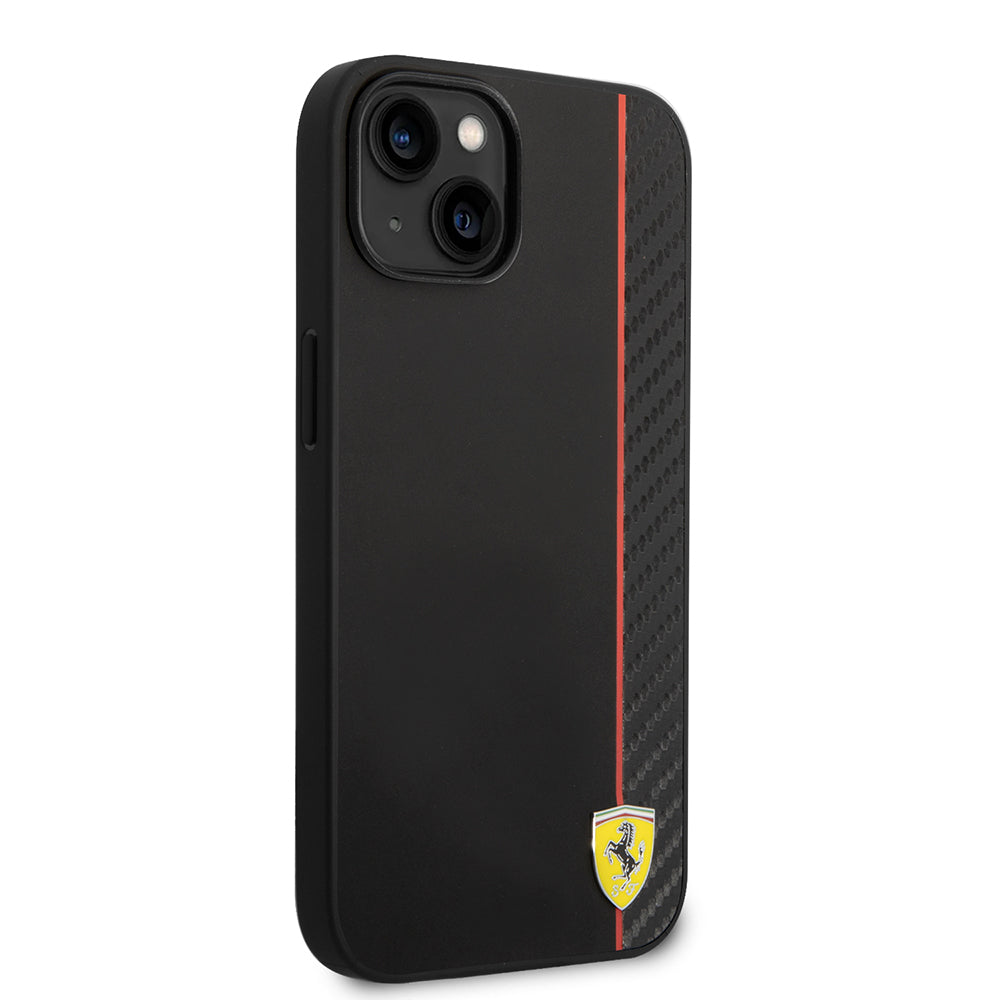 Apple iPhone 14 Kılıf Ferrari Orjinal Lisanslı M-safe Şarj Özellikli Pu Deri Ve Karbon Şeritli Dizayn Kapak Siyah