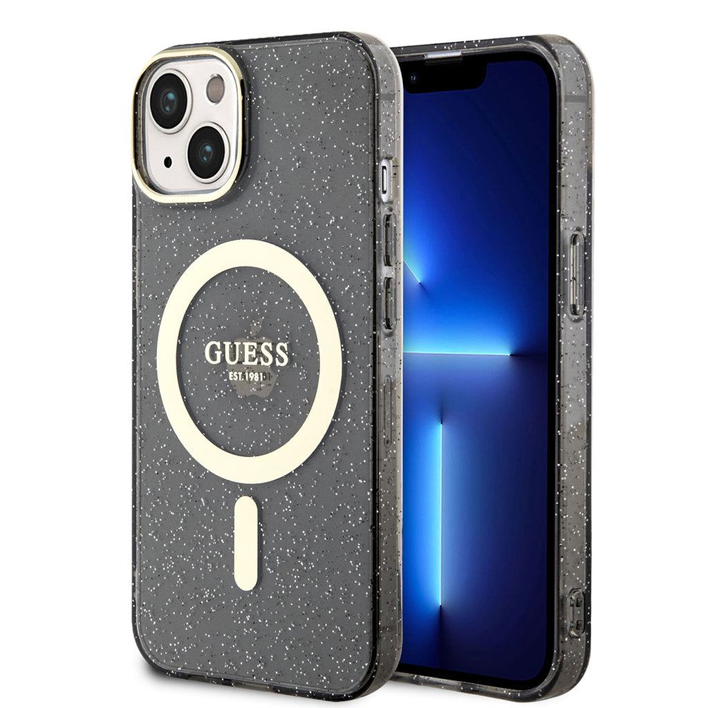 Apple iPhone 14 Kılıf GUESS M-safe Şarj Özellikli Glitter Kapak Siyah