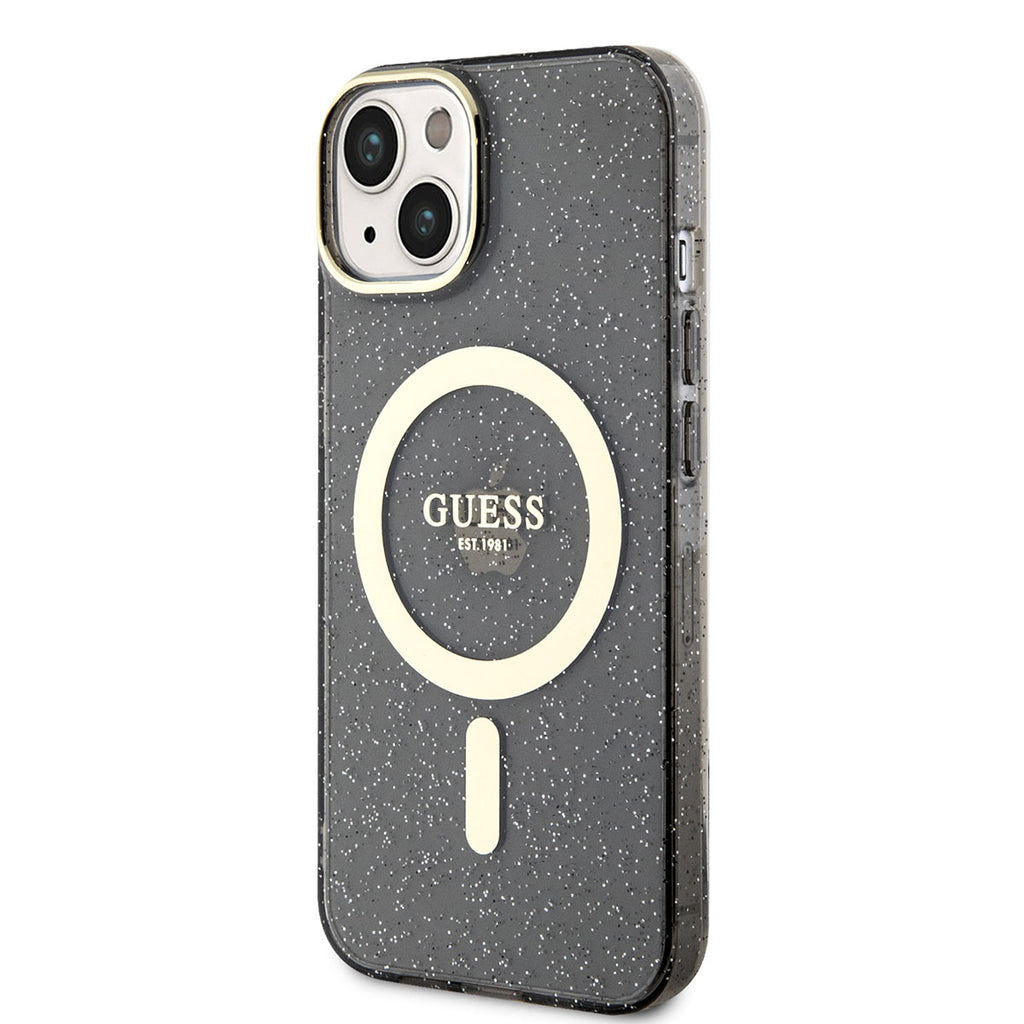 Apple iPhone 14 Kılıf GUESS M-safe Şarj Özellikli Glitter Kapak Siyah