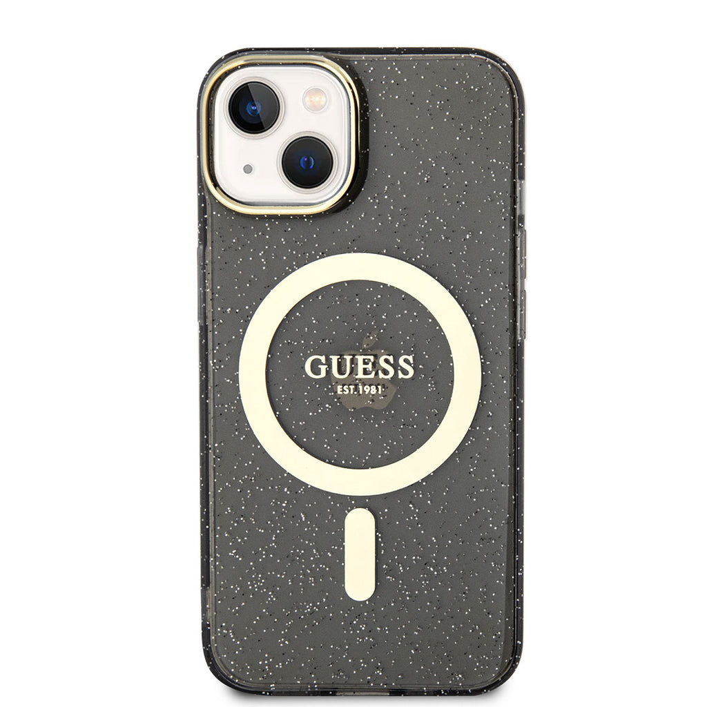 Apple iPhone 14 Kılıf GUESS M-safe Şarj Özellikli Glitter Kapak Siyah