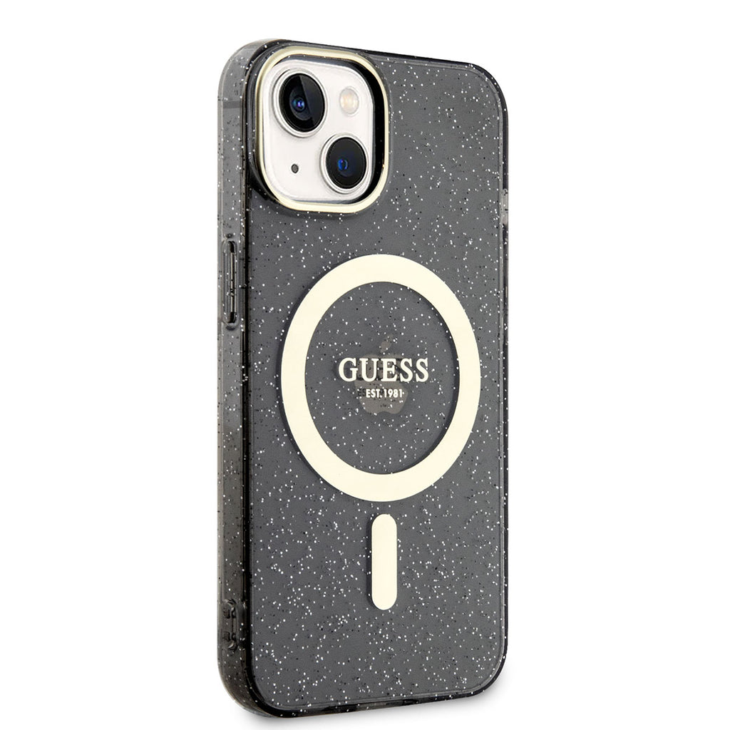 Apple iPhone 14 Kılıf GUESS M-safe Şarj Özellikli Glitter Kapak Siyah
