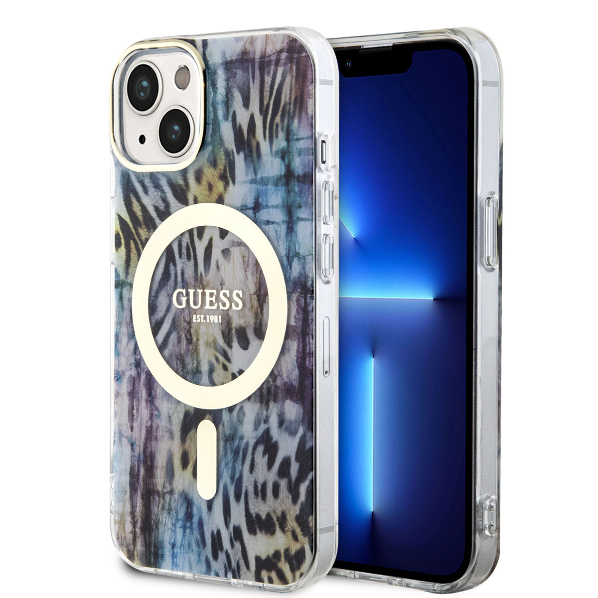 Apple iPhone 14 Kılıf GUESS M-safe Şarj Özellikli Leopar Desenli Kapak Mavi