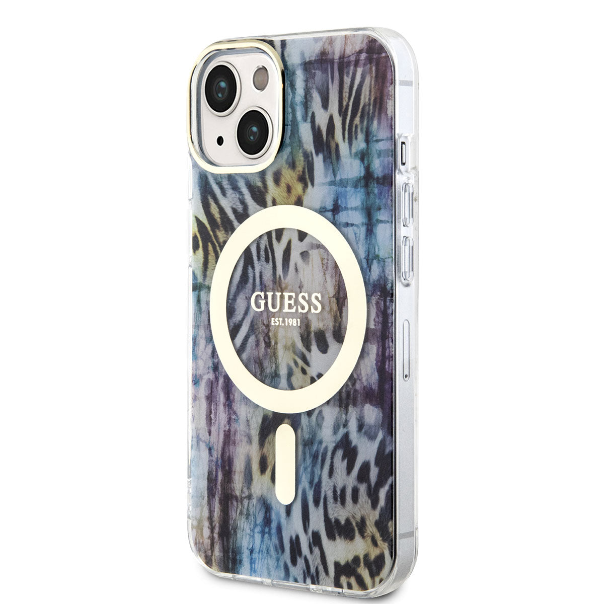 Apple iPhone 14 Kılıf GUESS M-safe Şarj Özellikli Leopar Desenli Kapak Mavi
