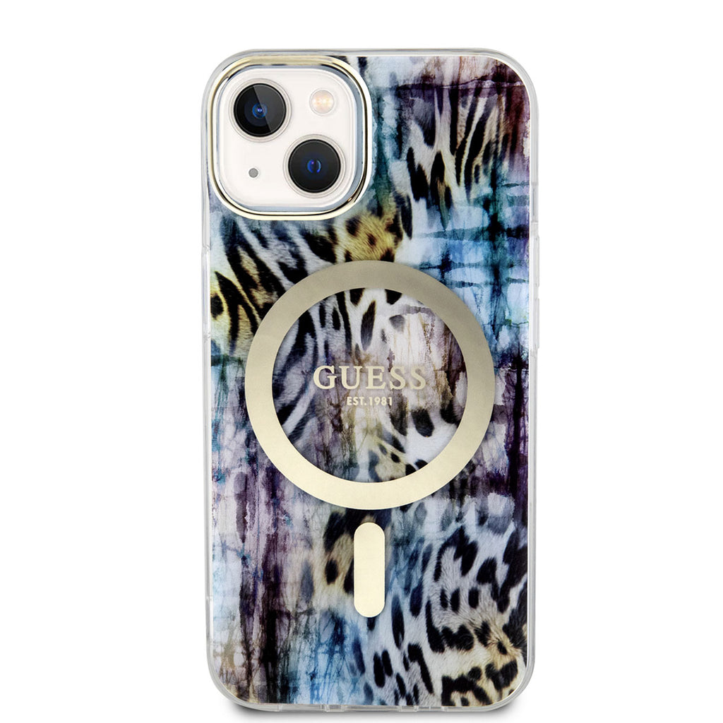 Apple iPhone 14 Kılıf GUESS M-safe Şarj Özellikli Leopar Desenli Kapak Pembe