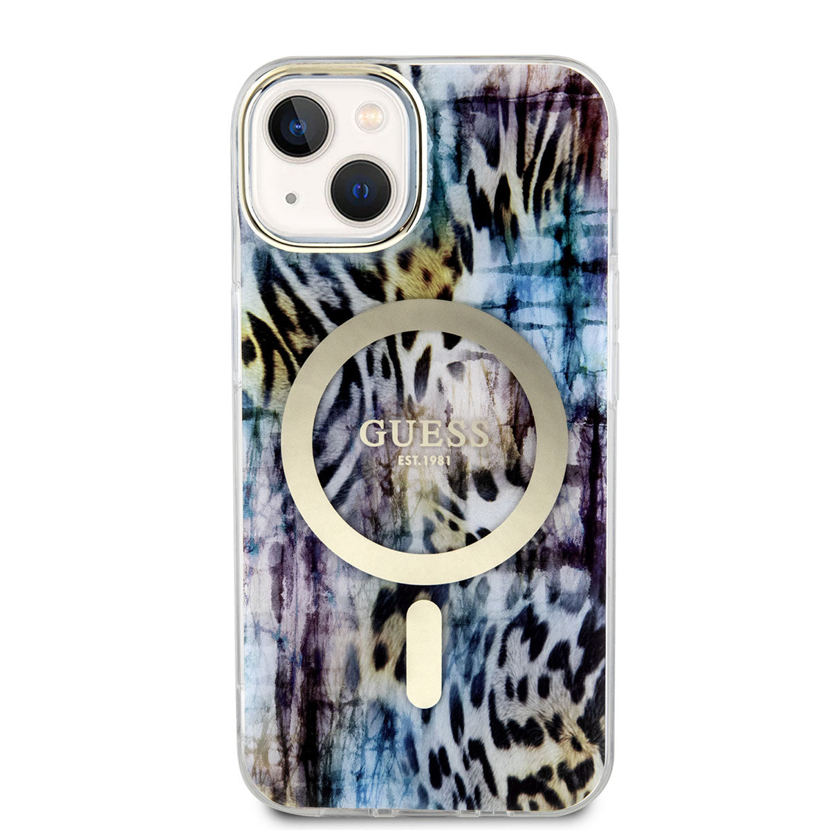 Apple iPhone 14 Kılıf GUESS M-safe Şarj Özellikli Leopar Desenli Kapak Mavi
