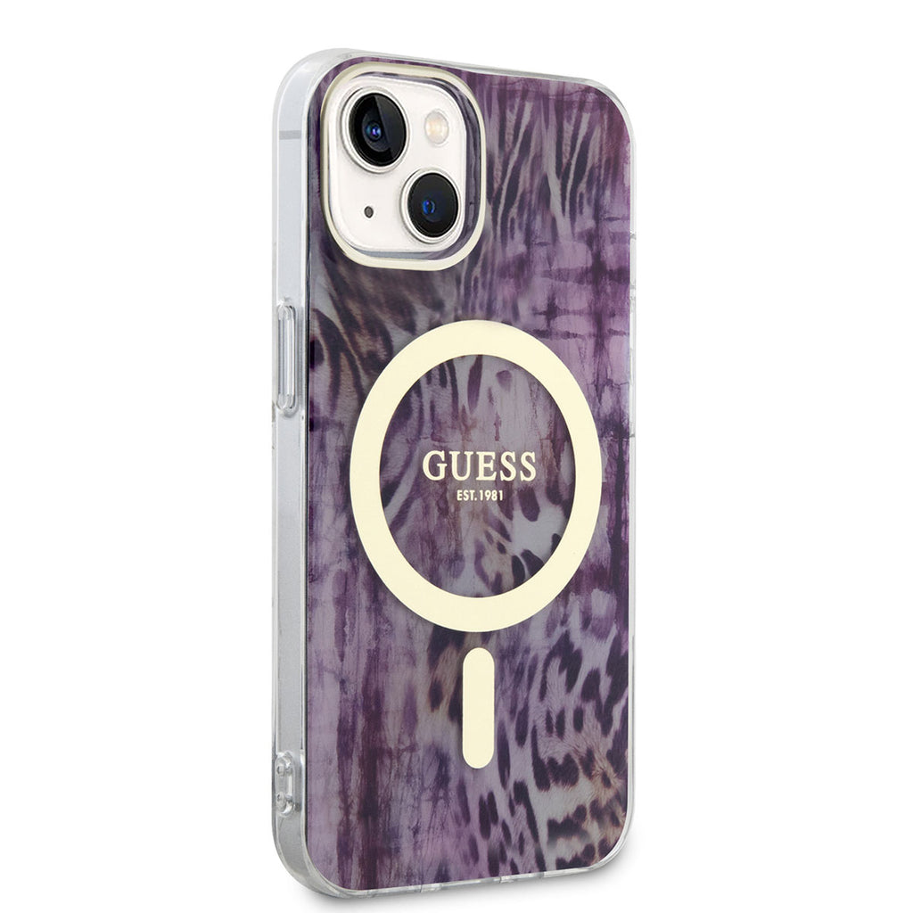 Apple iPhone 14 Kılıf GUESS M-safe Şarj Özellikli Leopar Desenli Kapak Pembe