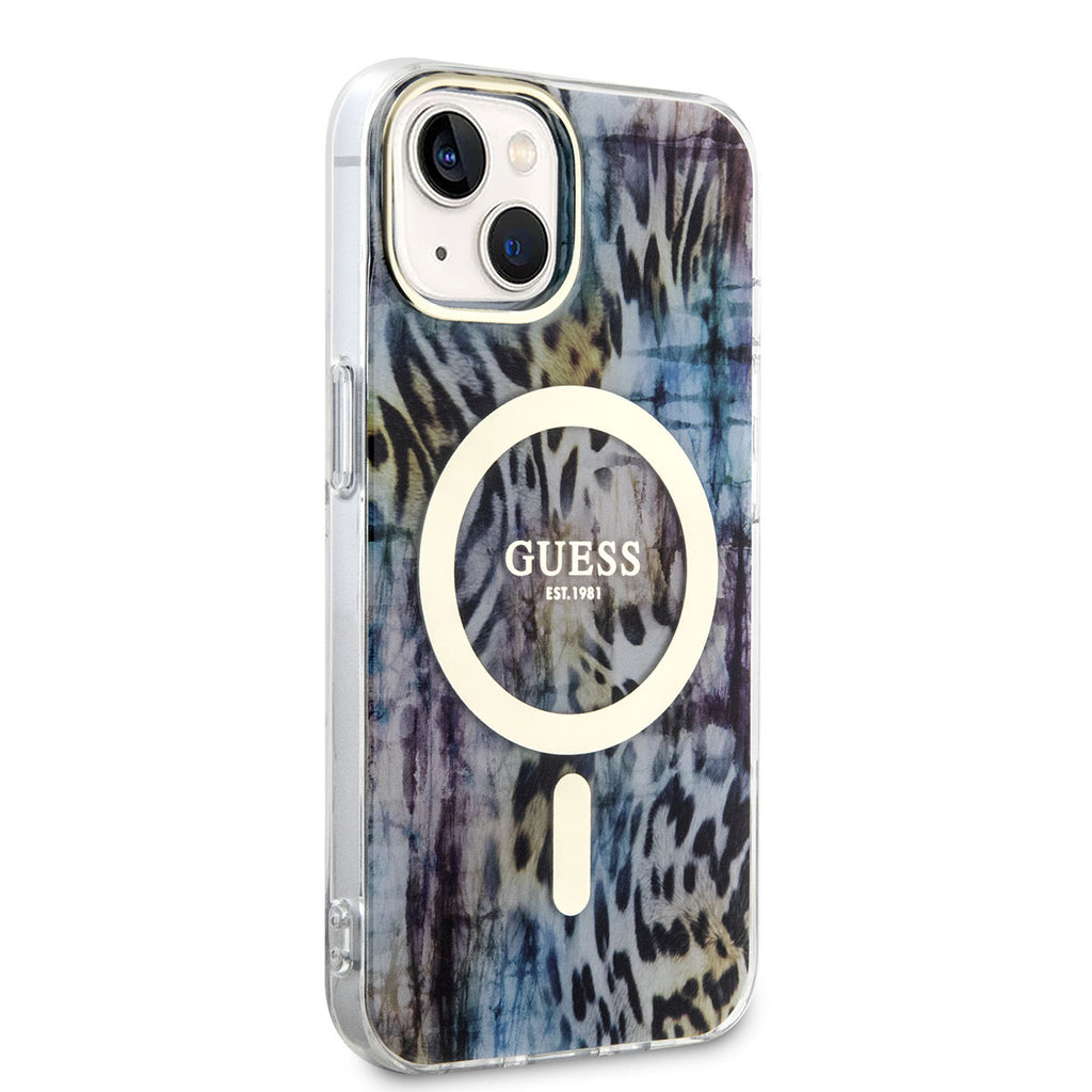 Apple iPhone 14 Kılıf GUESS M-safe Şarj Özellikli Leopar Desenli Kapak Mavi