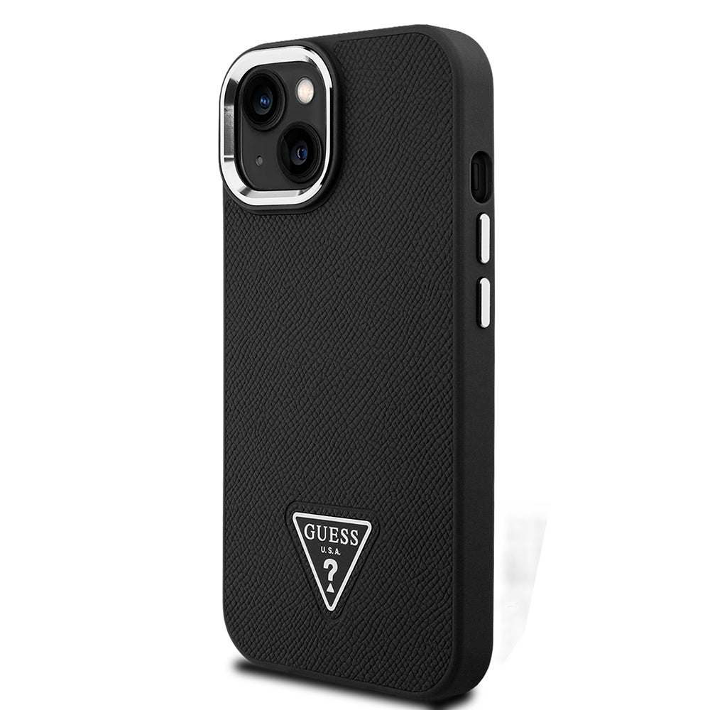 Apple iPhone 14 Kılıf Guess Orjinal Lisanslı M-safe Şarj Özellikli Grained Triangle Kapak Siyah