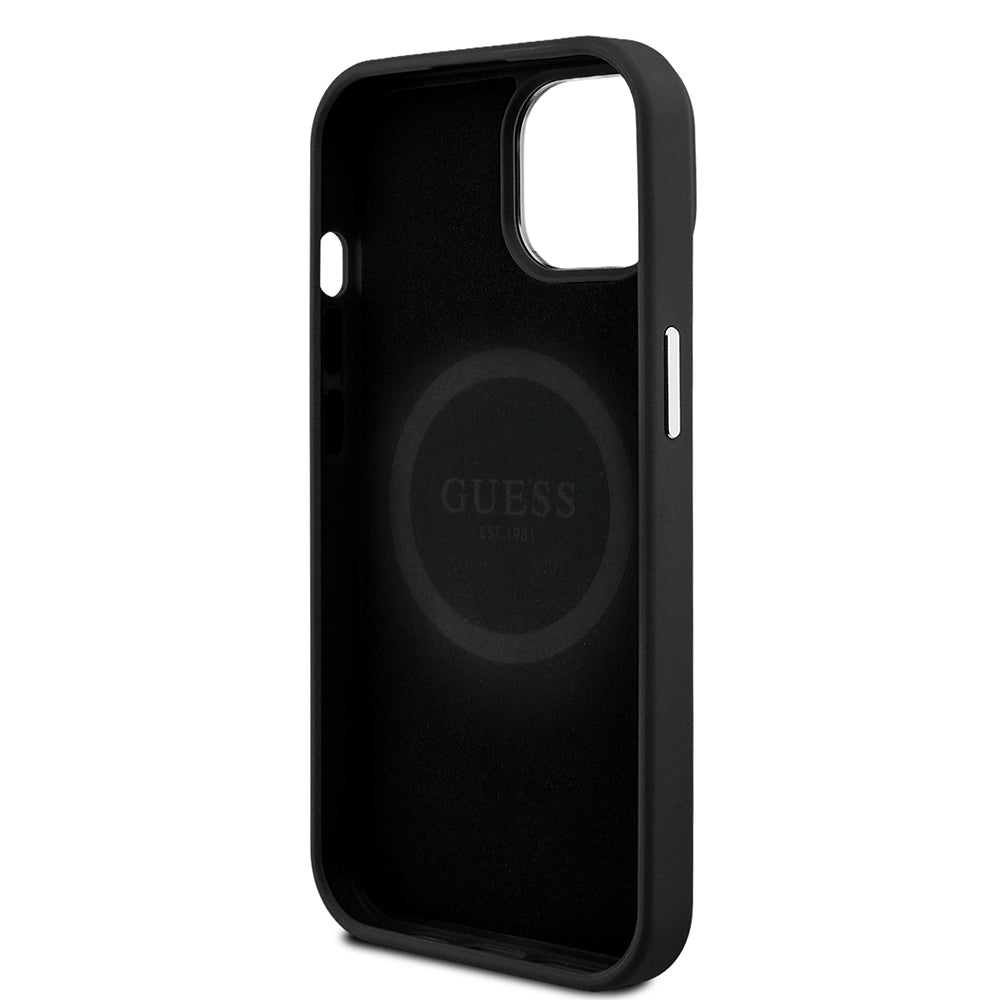 Apple iPhone 14 Kılıf Guess Orjinal Lisanslı M-safe Şarj Özellikli Grained Triangle Kapak Kahverengi