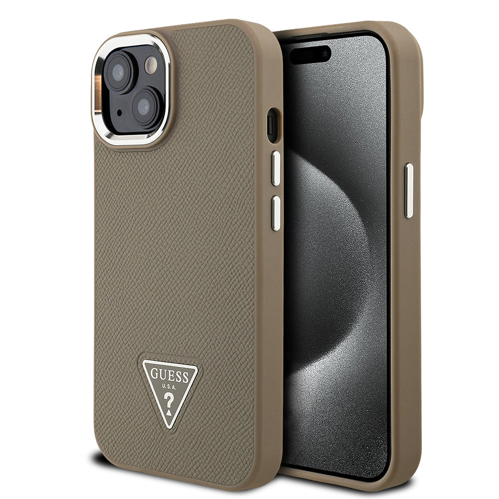 Apple iPhone 14 Kılıf Guess Orjinal Lisanslı M-safe Şarj Özellikli Grained Triangle Kapak Siyah