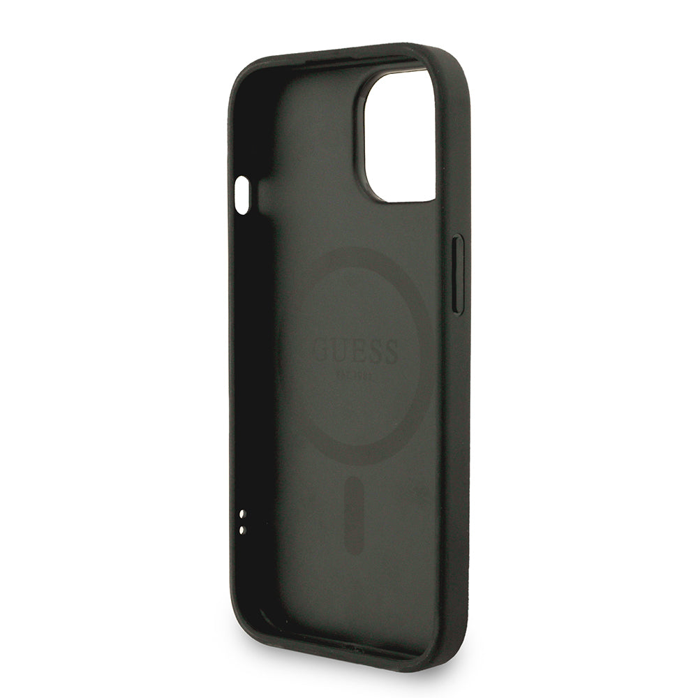 Apple iPhone 14 Kılıf Guess Orjinal Lisanslı M-safe Şarj Özellikli PU Deri Bilek Askı İpli Yazı Logolu Kapak Kahverengi