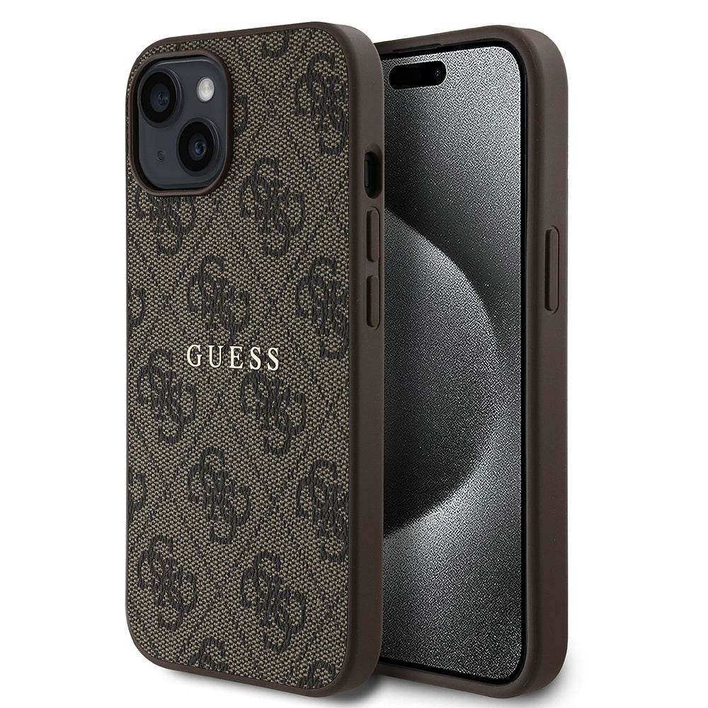 Apple iPhone 14 Kılıf Guess Orjinal Lisanslı M-safe Şarj Özellikli 4G Desen Yazı Logolu Kapak Kahverengi