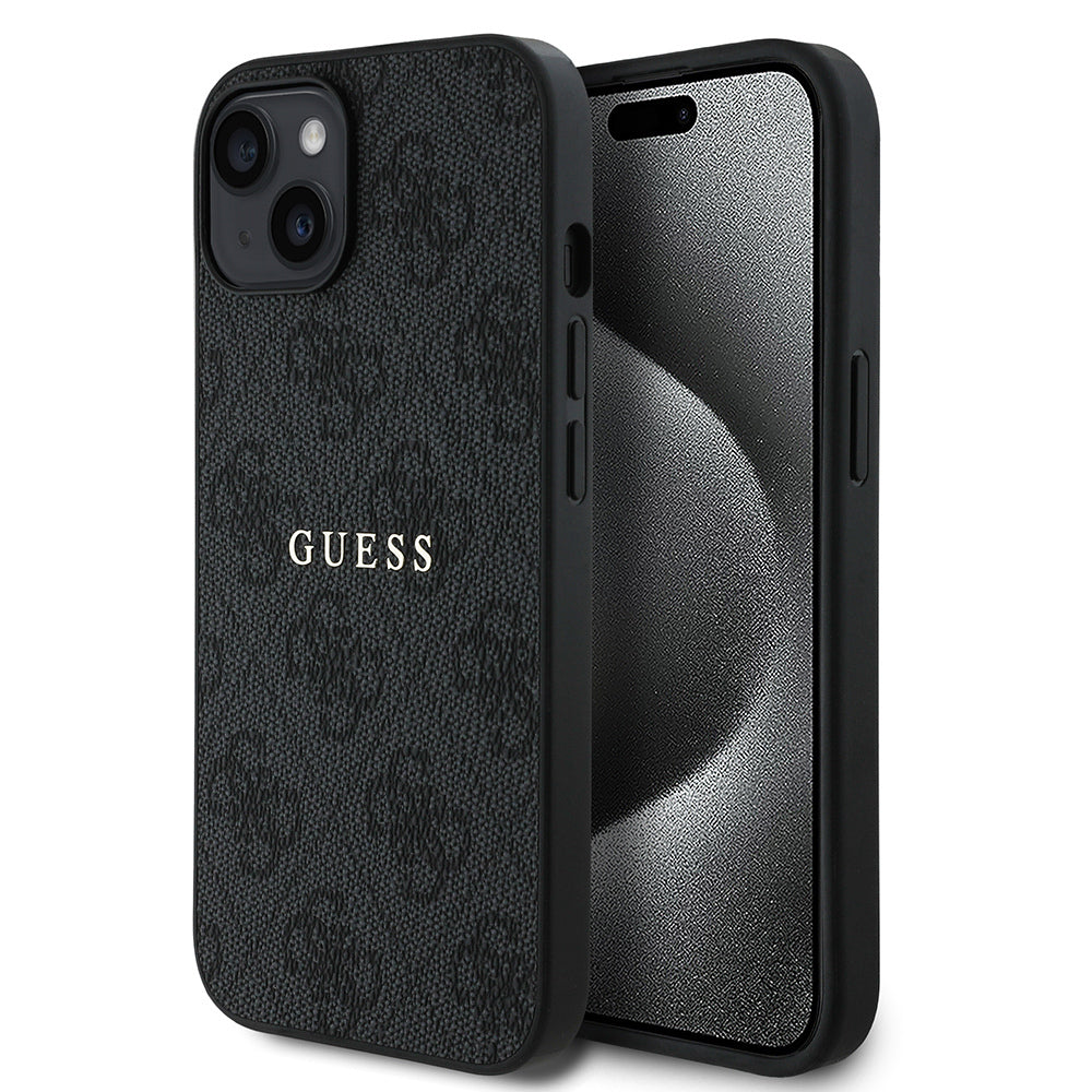 Apple iPhone 14 Kılıf Guess Orjinal Lisanslı M-safe Şarj Özellikli 4G Desen Yazı Logolu Kapak Siyah