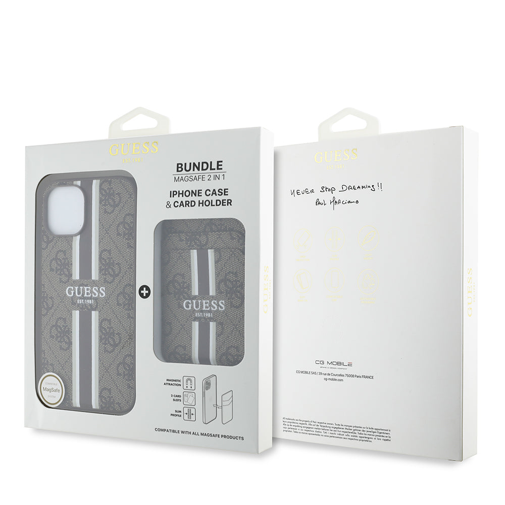 Apple iPhone 14 Kılıf Guess Orjinal Lisanslı M-safe Şarj Özellikli 4G Desenli Çizgili Kartlıklı Kapak Kahverengi