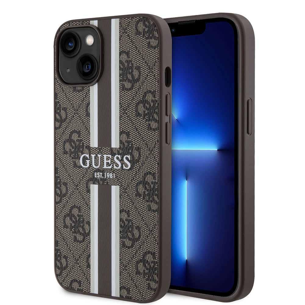 Apple iPhone 14 Kılıf Guess Orjinal Lisanslı M-safe Şarj Özellikli 4G Şerit Tasarımlı Printed Kapak Kahverengi