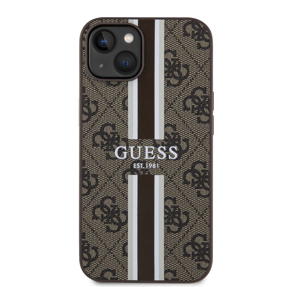 Apple iPhone 14 Kılıf Guess Orjinal Lisanslı M-safe Şarj Özellikli 4G Şerit Tasarımlı Printed Kapak Siyah