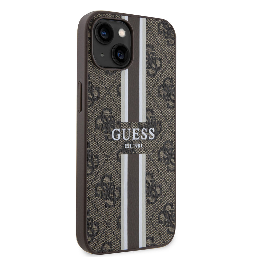 Apple iPhone 14 Kılıf Guess Orjinal Lisanslı M-safe Şarj Özellikli 4G Şerit Tasarımlı Printed Kapak Siyah