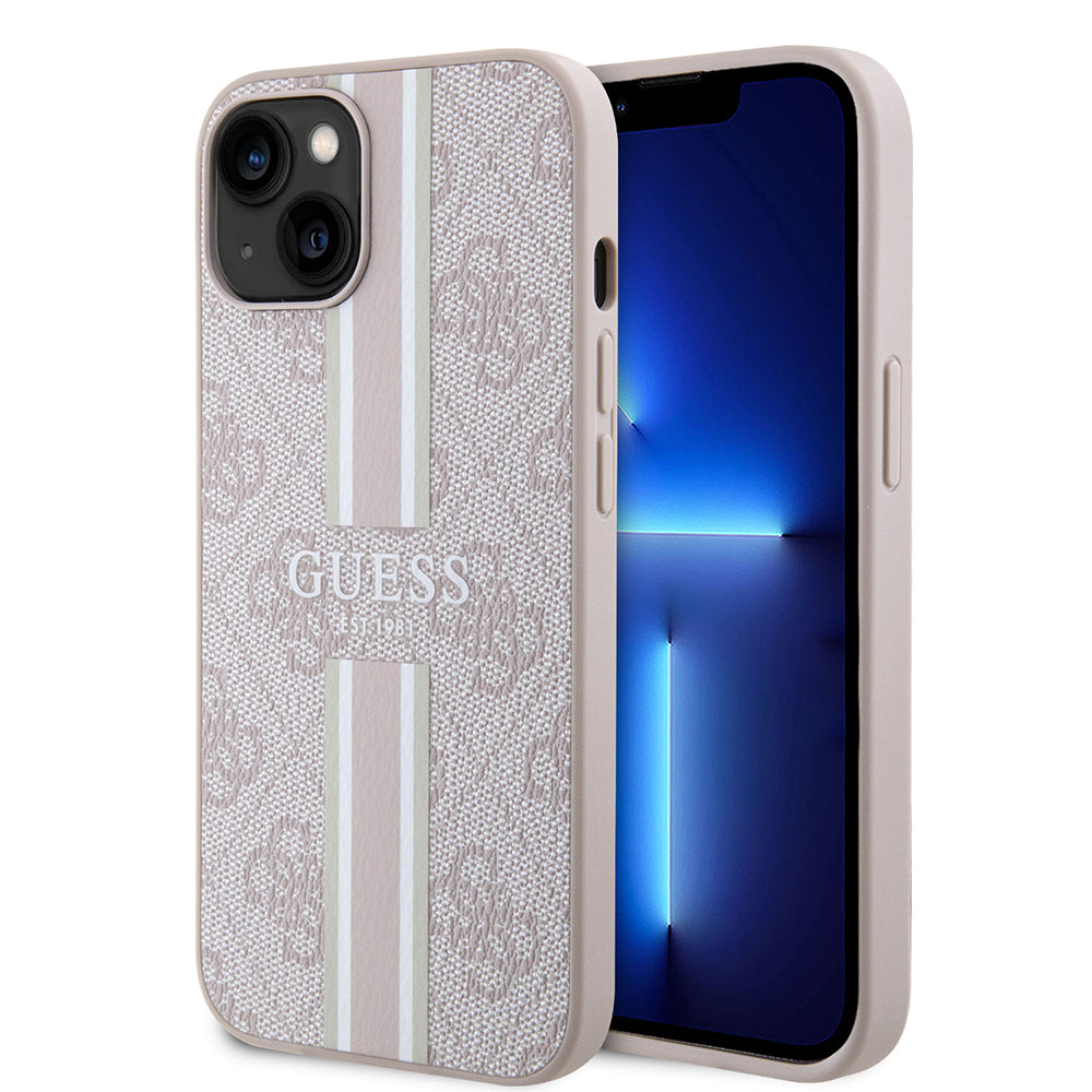 Apple iPhone 14 Kılıf Guess Orjinal Lisanslı M-safe Şarj Özellikli 4G Şerit Tasarımlı Printed Kapak Siyah