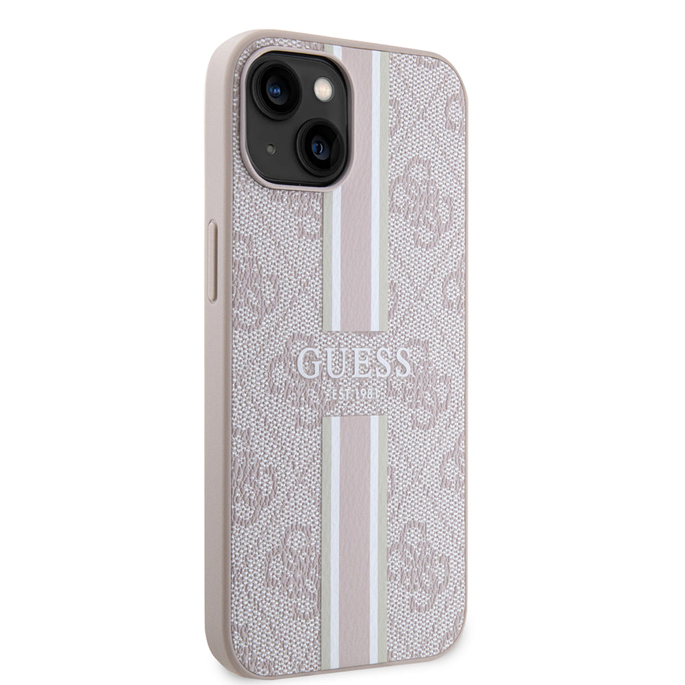 Apple iPhone 14 Kılıf Guess Orjinal Lisanslı M-safe Şarj Özellikli 4G Şerit Tasarımlı Printed Kapak Pembe