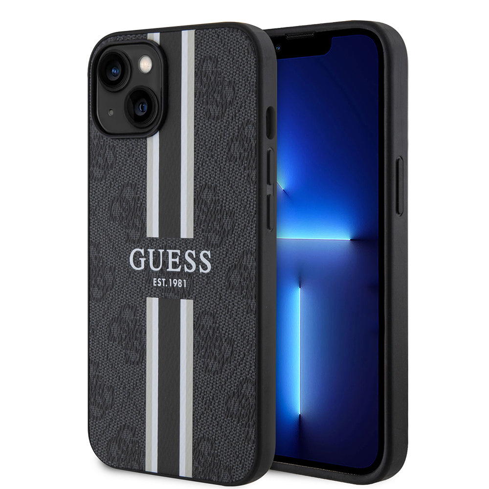 Apple iPhone 14 Kılıf Guess Orjinal Lisanslı M-safe Şarj Özellikli 4G Şerit Tasarımlı Printed Kapak Kahverengi