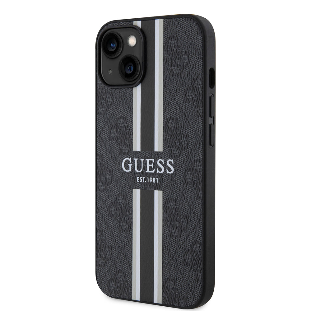 Apple iPhone 14 Kılıf Guess Orjinal Lisanslı M-safe Şarj Özellikli 4G Şerit Tasarımlı Printed Kapak Siyah