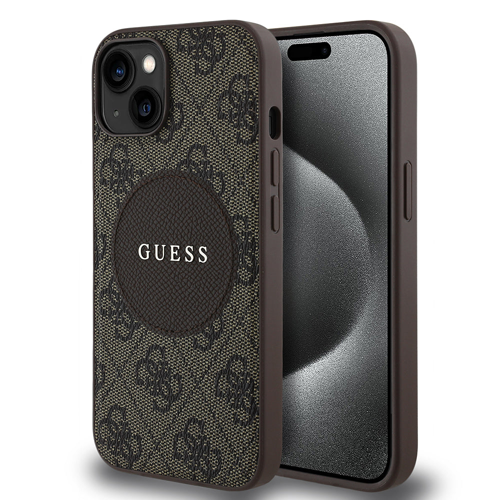 Apple iPhone 14 Kılıf Guess Orjinal Lisanslı M-safe Şarj Özellikli Yazı Logolu Circle Classic Kapak Kahverengi