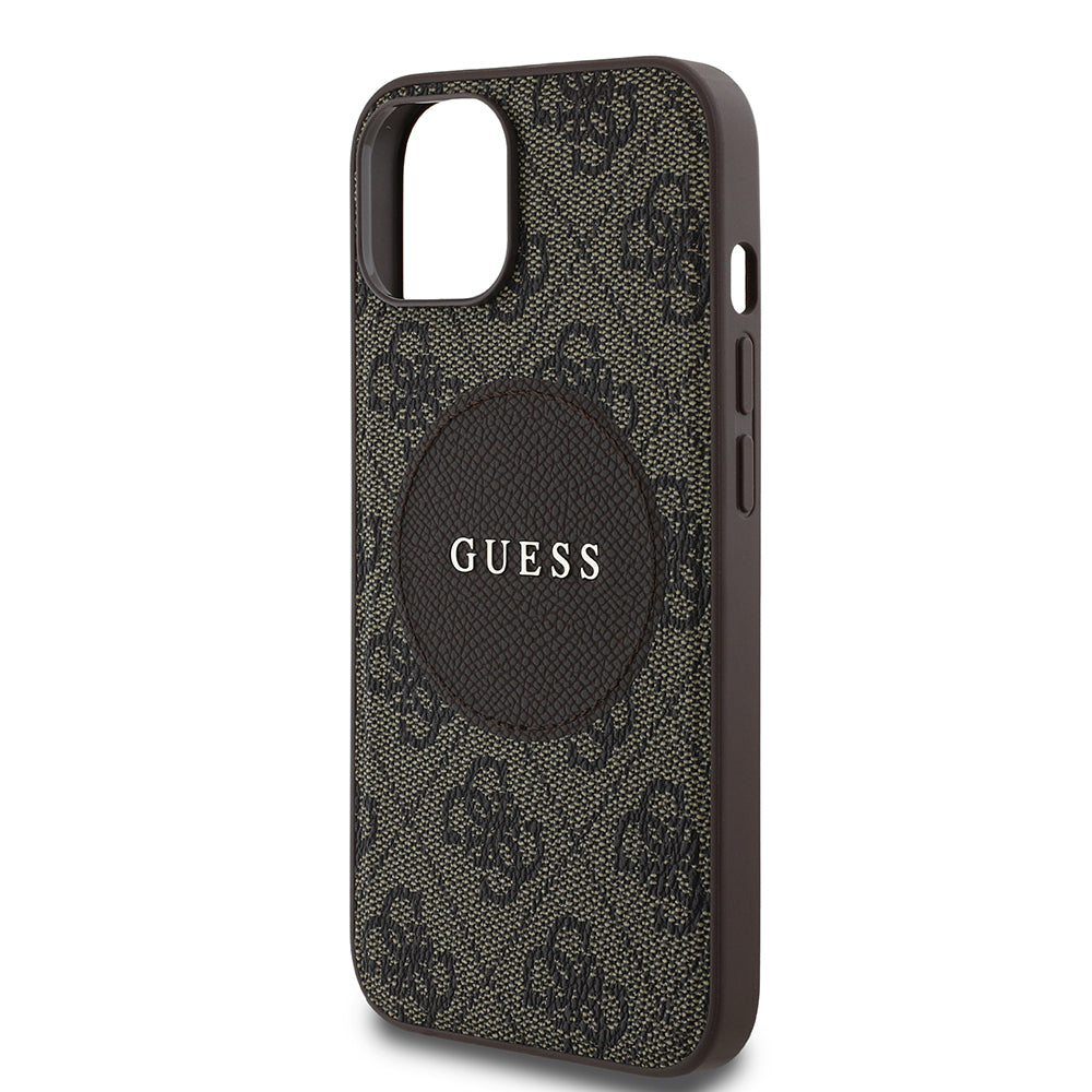 Apple iPhone 14 Kılıf Guess Orjinal Lisanslı M-safe Şarj Özellikli Yazı Logolu Circle Classic Kapak Kahverengi