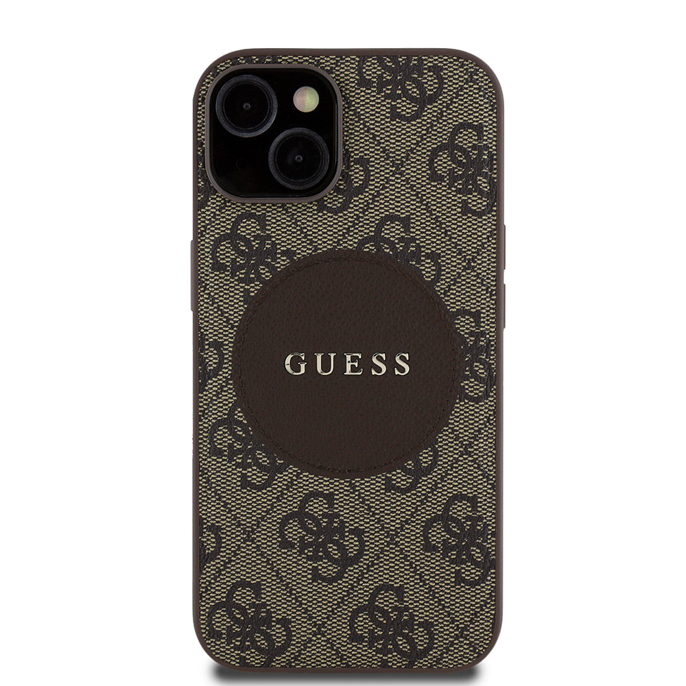 Apple iPhone 14 Kılıf Guess Orjinal Lisanslı M-safe Şarj Özellikli Yazı Logolu Circle Classic Kapak Kahverengi