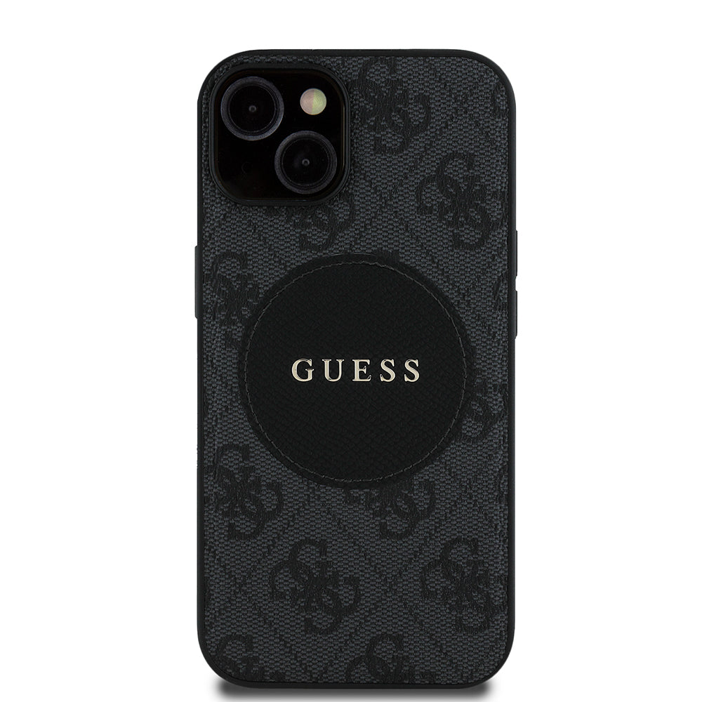 Apple iPhone 14 Kılıf Guess Orjinal Lisanslı M-safe Şarj Özellikli Yazı Logolu Circle Classic Kapak Siyah