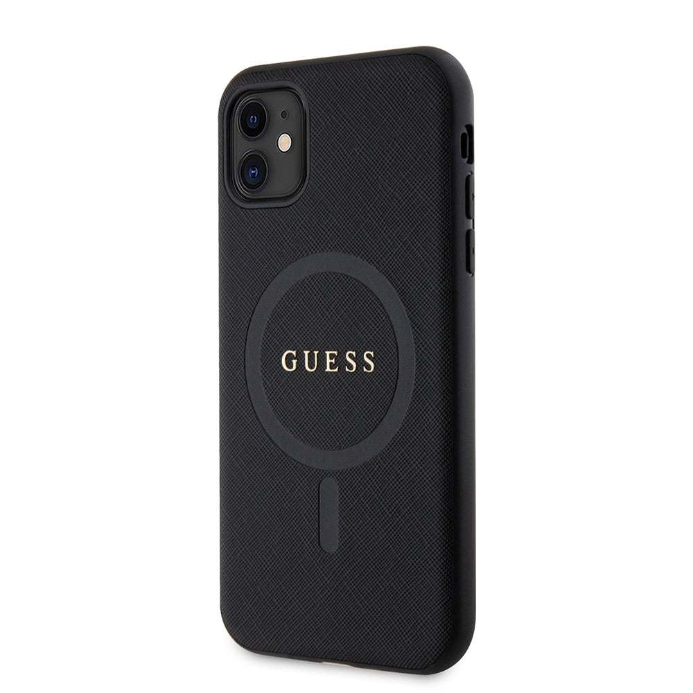 Apple iPhone 14 Kılıf Guess Orjinal Lisanslı M-safe Şarj Özellikli Yazı Logolu Saffiano Classic Kapak Siyah