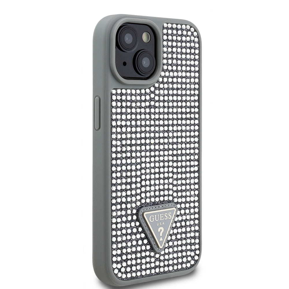 Apple iPhone 14 Kılıf Guess Orjinal Lisanslı Taşlı Arka Yüzey Üçgen Logolu Kapak Gümüş