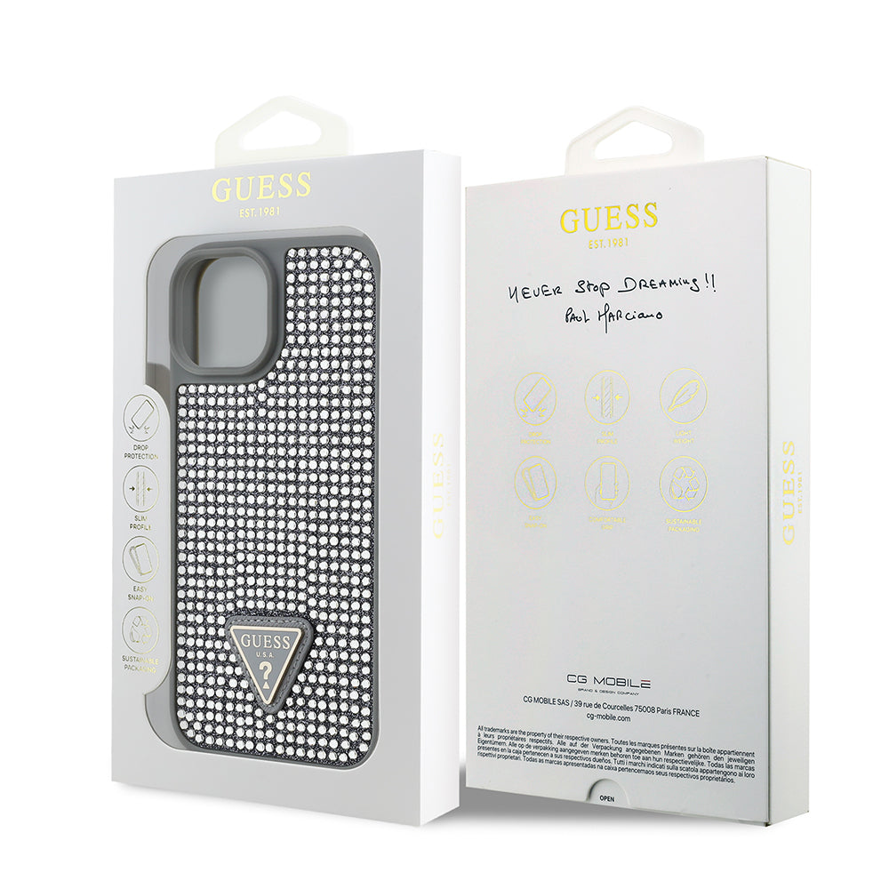 Apple iPhone 14 Kılıf Guess Orjinal Lisanslı Taşlı Arka Yüzey Üçgen Logolu Kapak Pembe