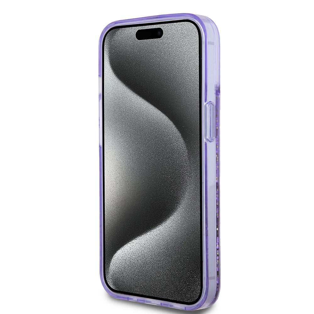 Apple iPhone 14 Kılıf Guess Orjinal Lisanslı Transparan Sıvılı Simli Altın Çizgili Kapak Mor