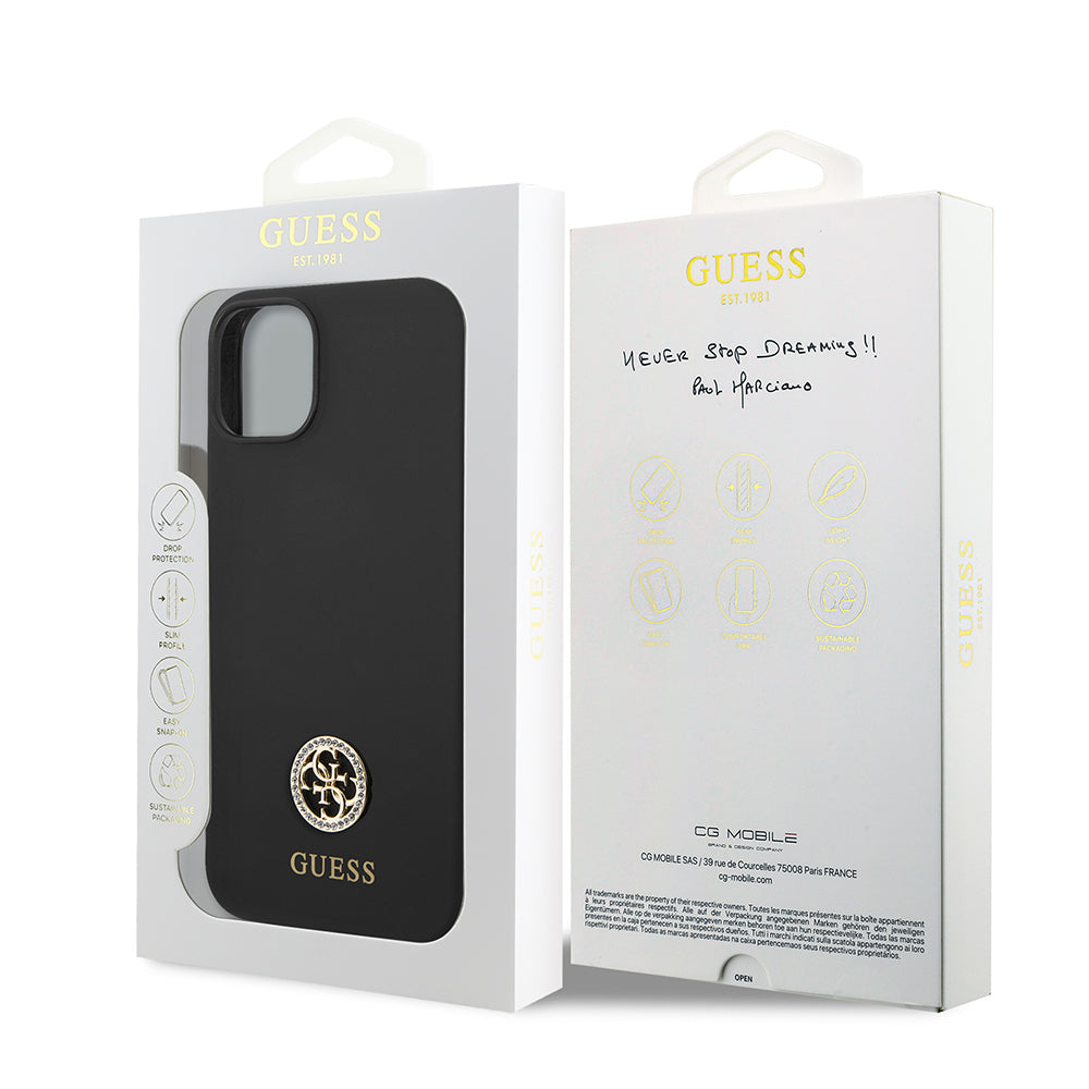 Apple iPhone 14 Kılıf Guess Orjinal Lisanslı Yazı ve Taşlı 4G Logolu Silikon Kapak Siyah