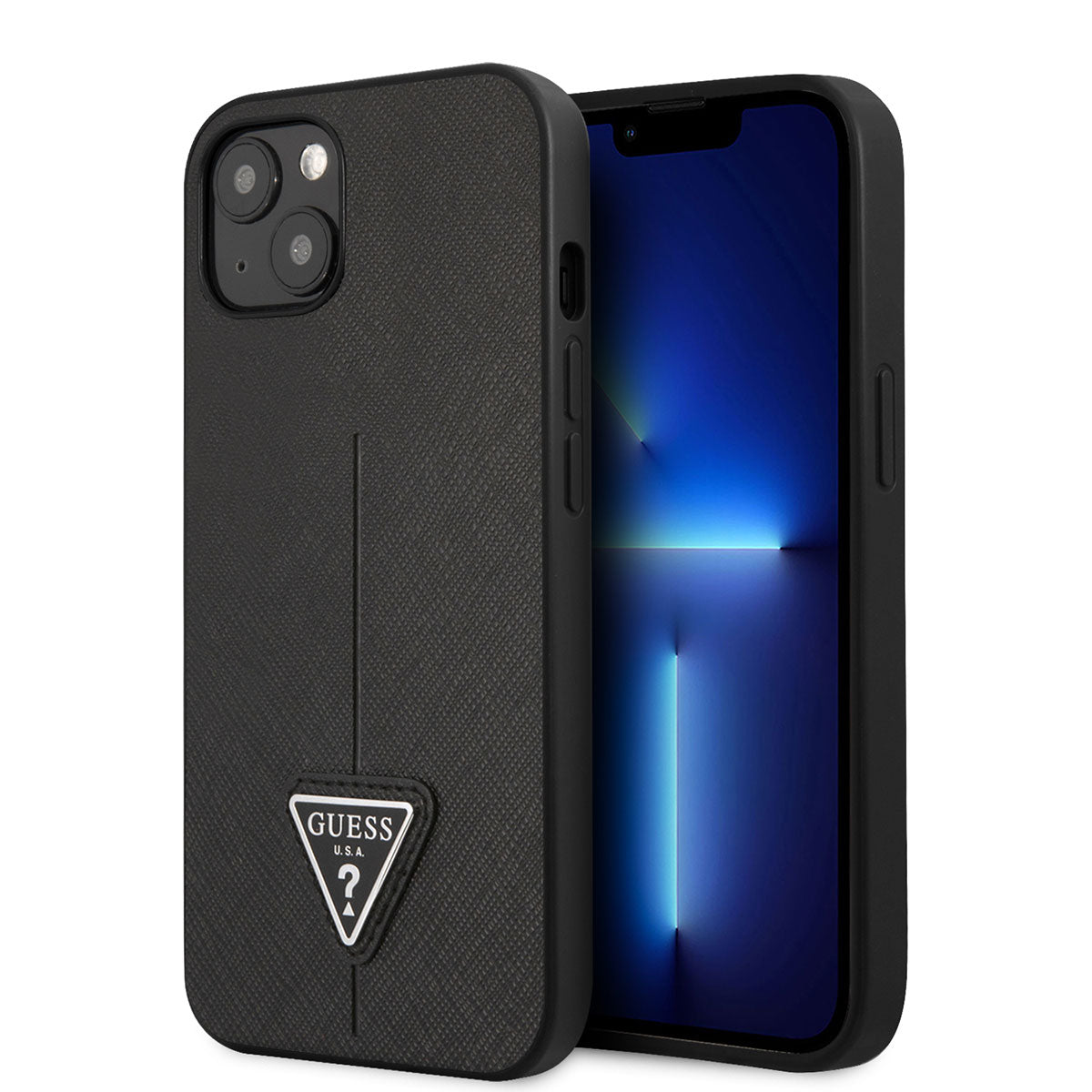 Apple iPhone 14 Kılıf GUESS PU Safran Deri Üçgen Logo Dizayn Kapak Siyah