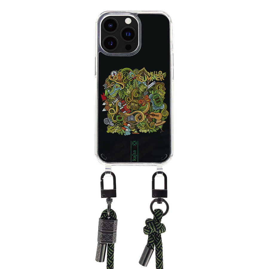 Apple iPhone 14 Kılıf Kajsa Missy And Match Şeffaf Desenli İp Askılı Kapak Pembe