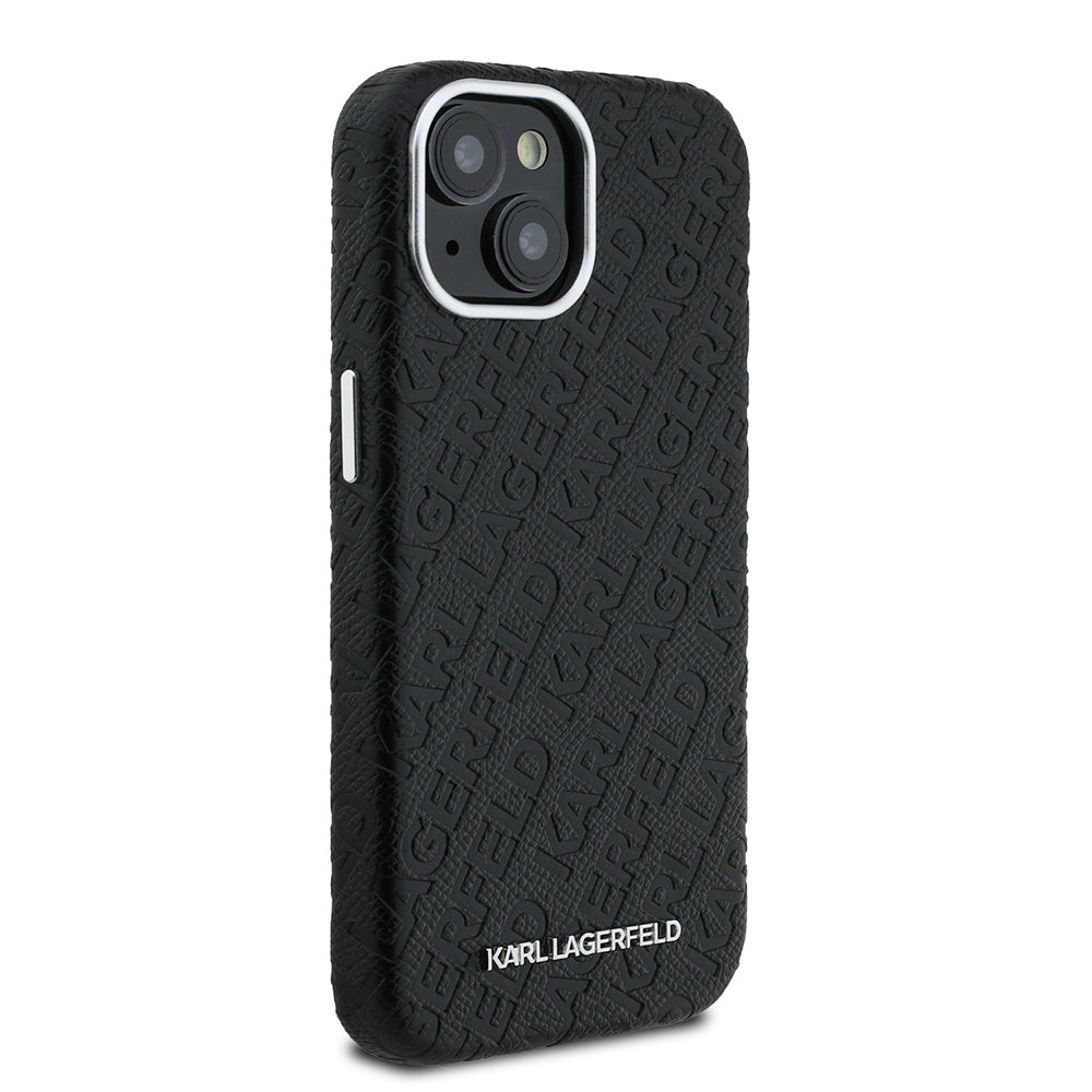 Apple iPhone 14 Kılıf Karl Lagerfeld Orjinal Lisanslı PU Deri Damgalı Metal Yazı Logolu Kapak Siyah