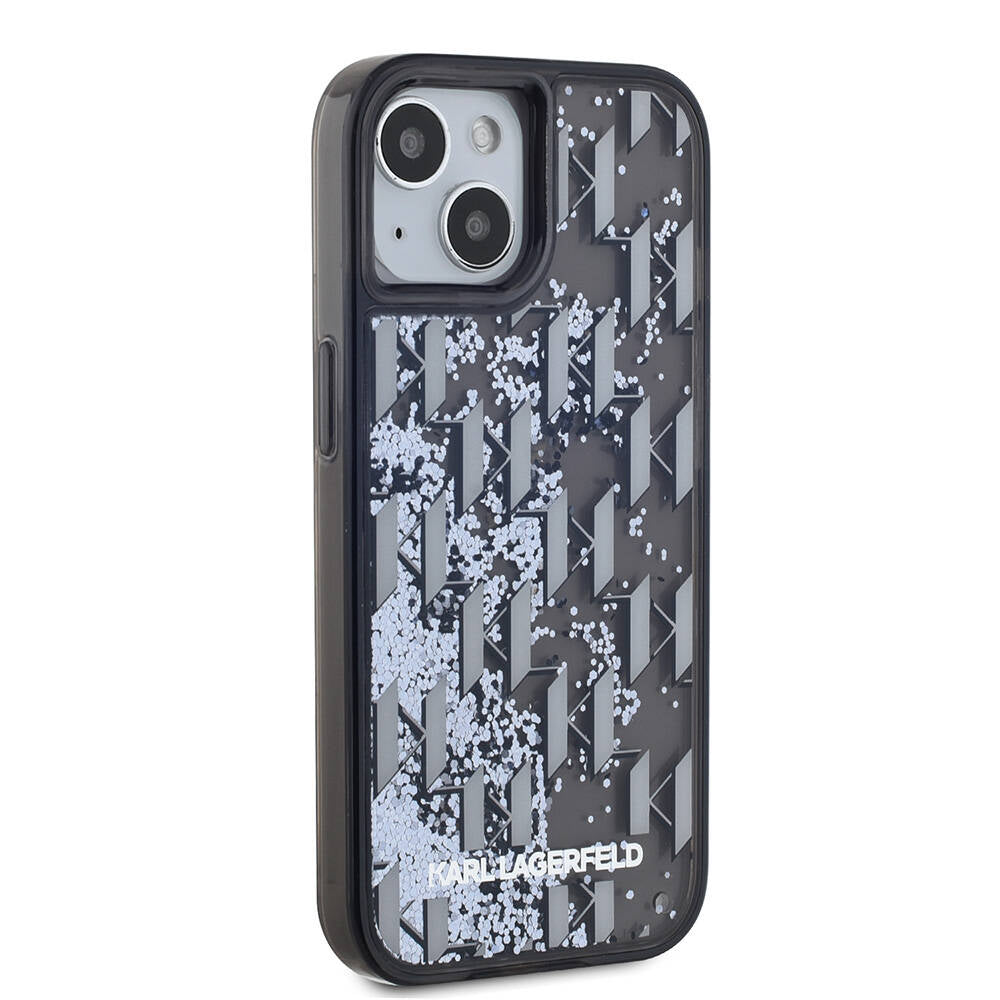 Apple iPhone 14 Kılıf Karl Lagerfeld Orjinal Lisanslı Simli KL Yazılı Monogram Gradıent Kapak Siyah