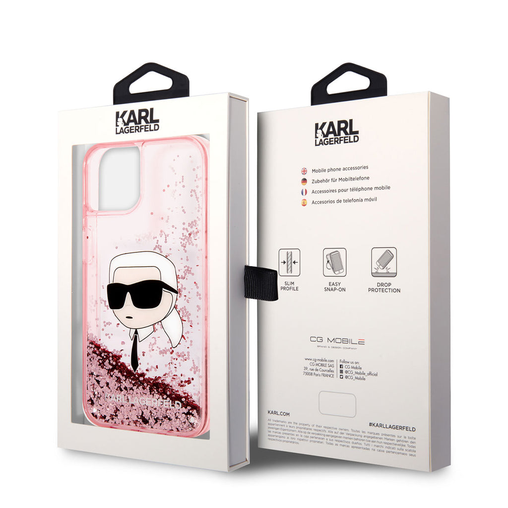 Apple iPhone 14 Kılıf Karl Lagerfeld Sıvılı Simli Karl Head Dizayn Kapak Pembe