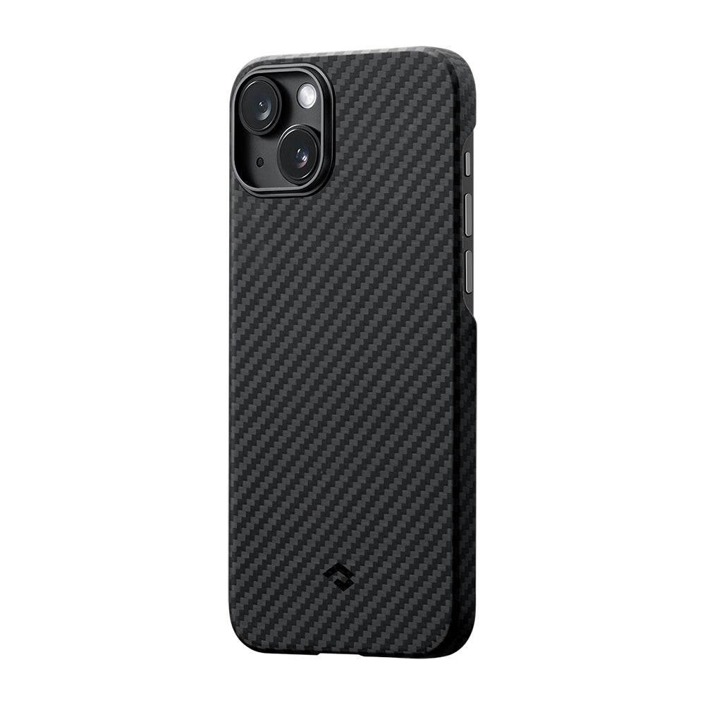 Apple iPhone 14 Kılıf M-safe Şarj Özellikli 1500D Aramid Fiber Pitaka Ultra-Slim Classic Serisi Black-Grey Twill Kapak Siyah-Gri