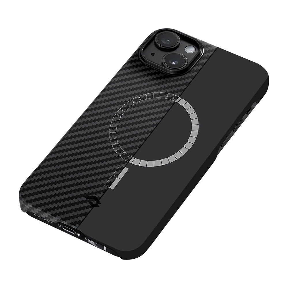 Apple iPhone 14 Kılıf M-safe Şarj Özellikli 1500D Aramid Fiber Pitaka Ultra-Slim Classic Serisi Black-Grey Twill Kapak Siyah-Gri