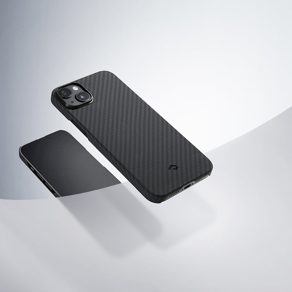 Apple iPhone 14 Kılıf M-safe Şarj Özellikli 1500D Aramid Fiber Pitaka Ultra-Slim Classic Serisi Black-Grey Twill Kapak Siyah-Gri