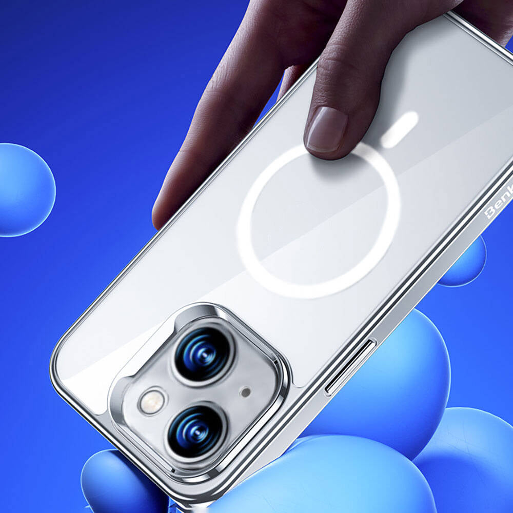 Apple iPhone 14 Kılıf M-safe Şarj Özellikli Cam Yüzey Benks Electroplated Kapak Siyah