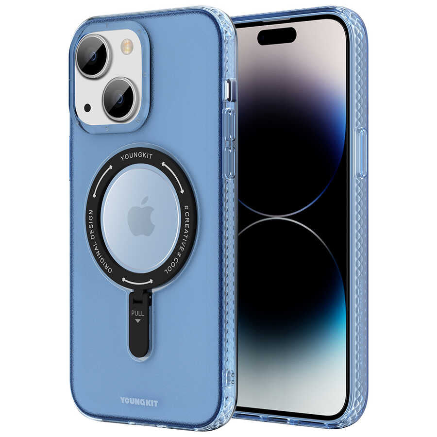 Apple iPhone 14 Kılıf M-safe Şarj Özellikli Youngkit Rock Serisi Kapak Mavi