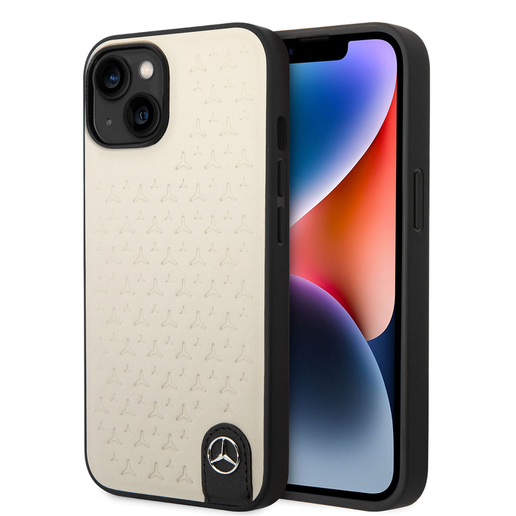 Apple iPhone 14 Kılıf Mercedes Benz Hakiki Deri Yıldız Dizayn Kapak Gri