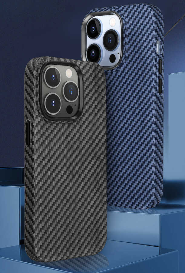 Apple iPhone 14 Kılıf Wiwu Karbon Fiber Görünümlü M-safe Wireless Şarj Özellikli Kabon Kapak Mavi