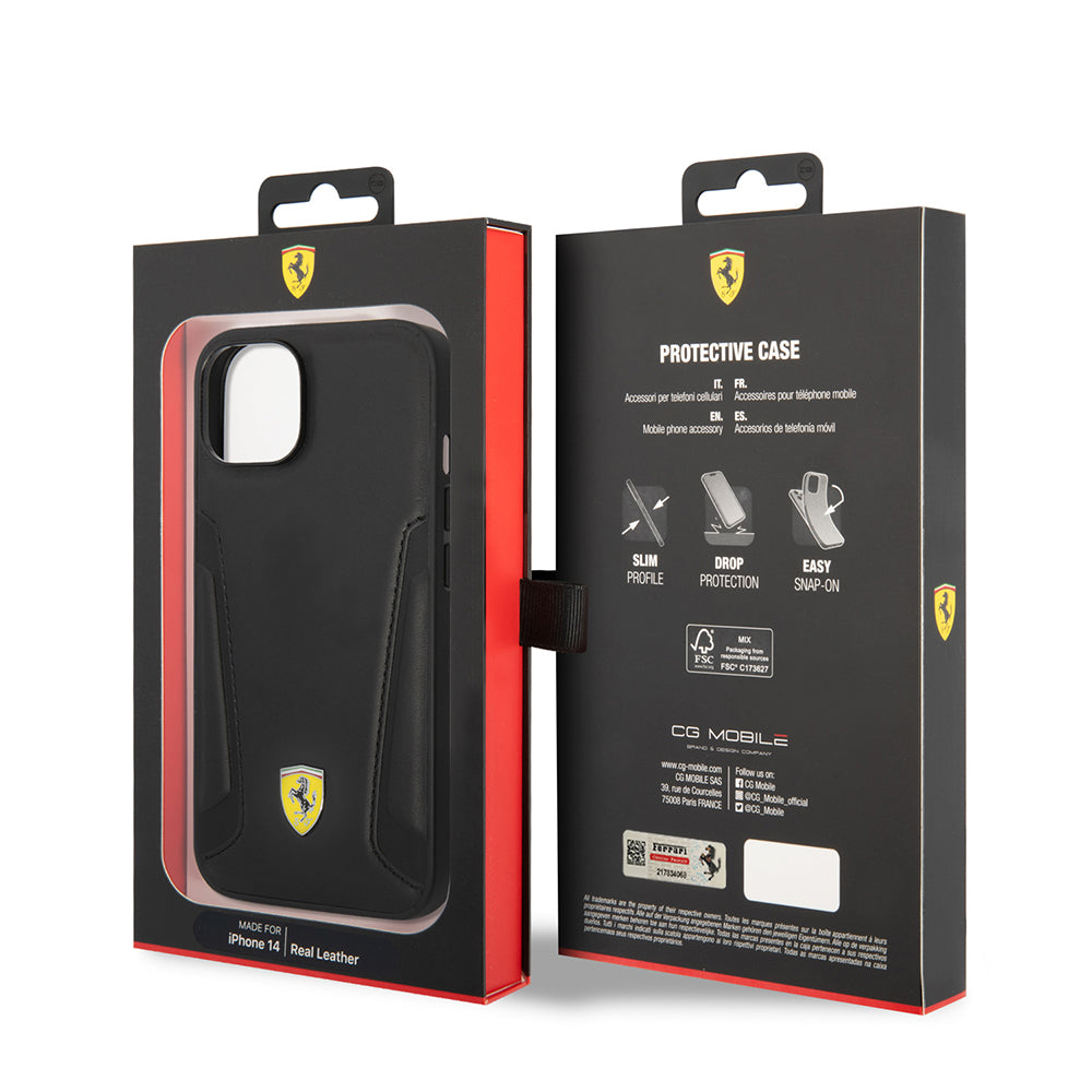 Apple iPhone 14 Plus Kılıf Ferrari Orjinal Lisanslı M-safe Şarj Özellikli Deri Kenarları Damgalı Dizayn Kapak Siyah