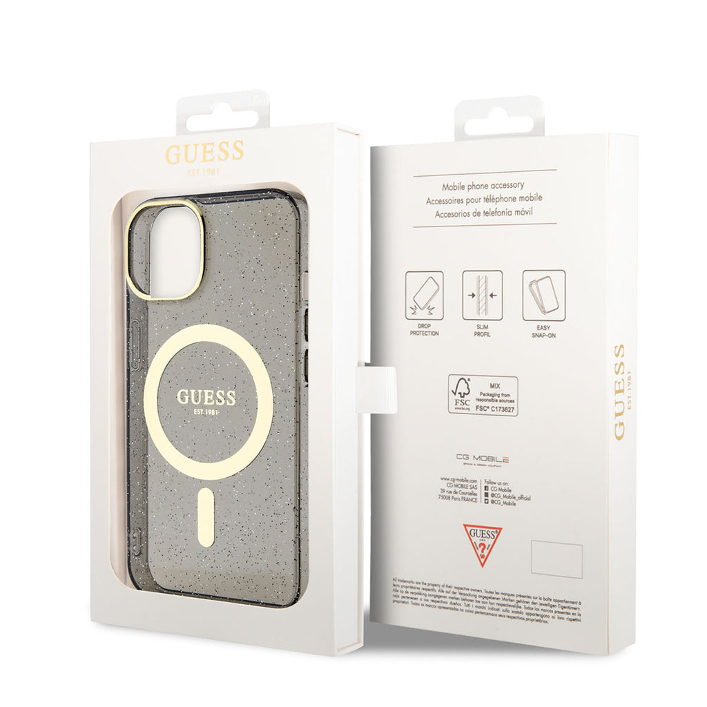 Apple iPhone 14 Plus Kılıf GUESS M-safe Şarj Özellikli Glitter Kapak Siyah